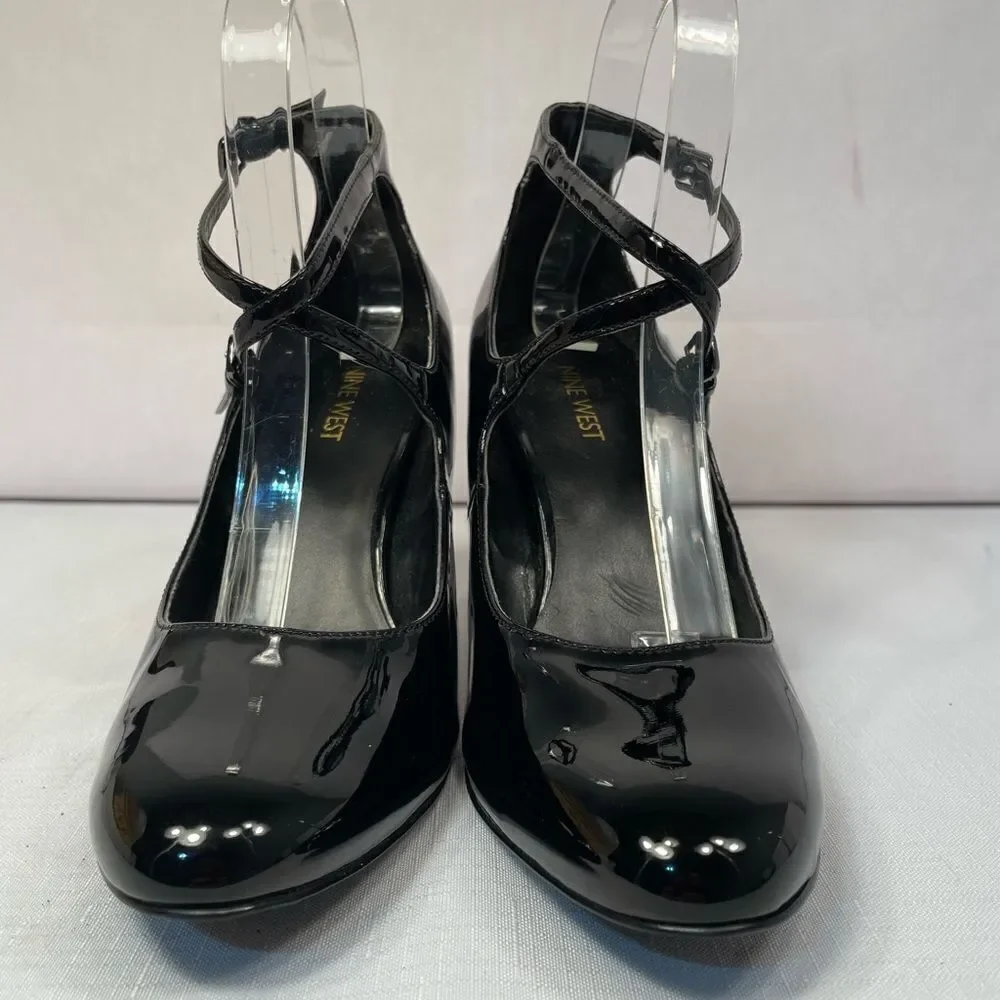 Elegant Black Patent Leather Women's Ankle Strap Heels by Nine West size 8.5 EUC